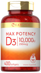 Bottle of Carlyle Vitamin D3 10,000 IU softgels front view