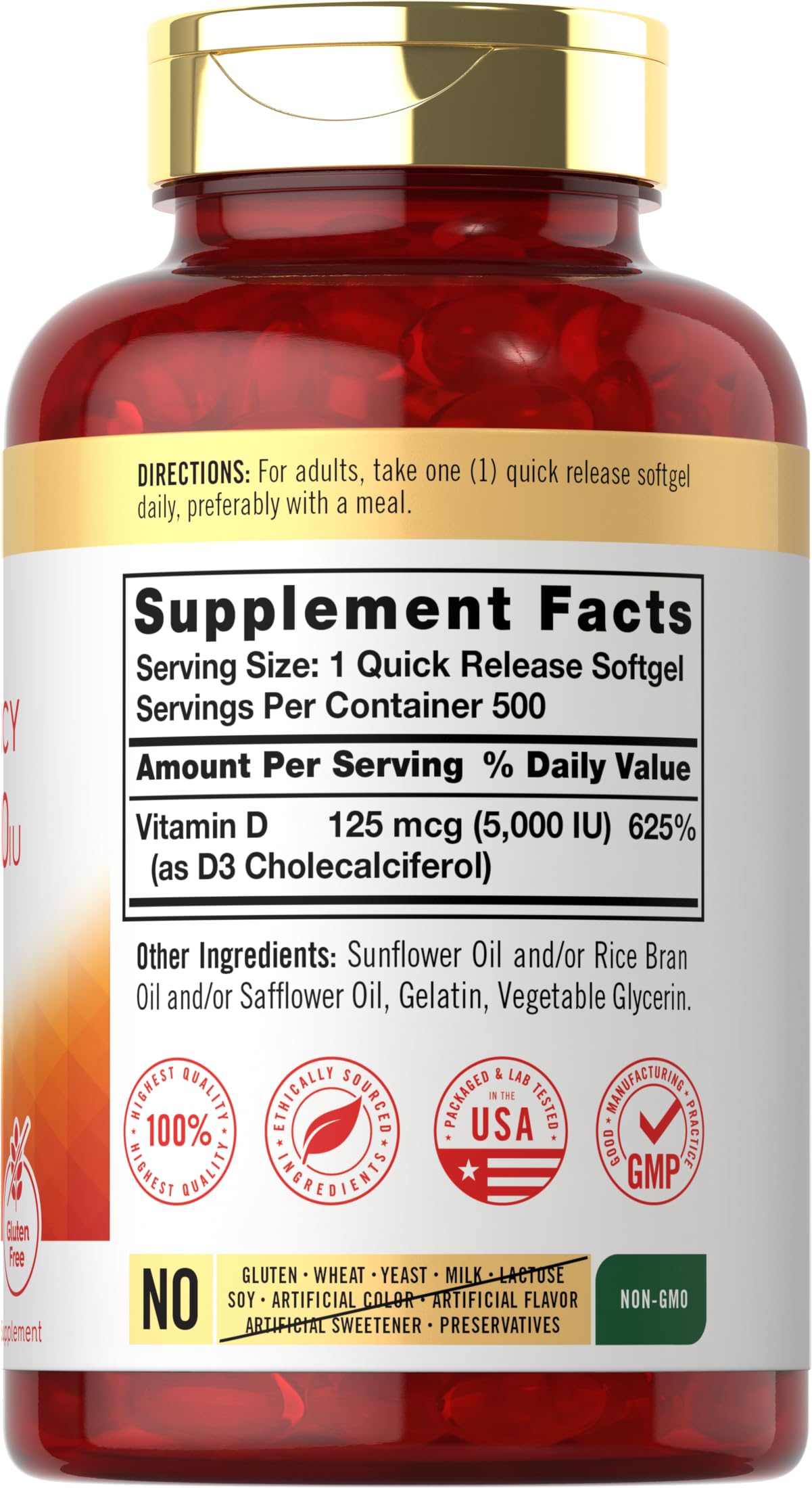 Carlyle Vitamin D3 5000 IU Softgels bottle back label with ingredients