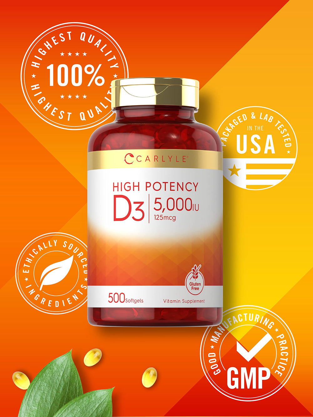 Non-GMO and gluten-free Carlyle Vitamin D3 5000 IU Softgels packaging