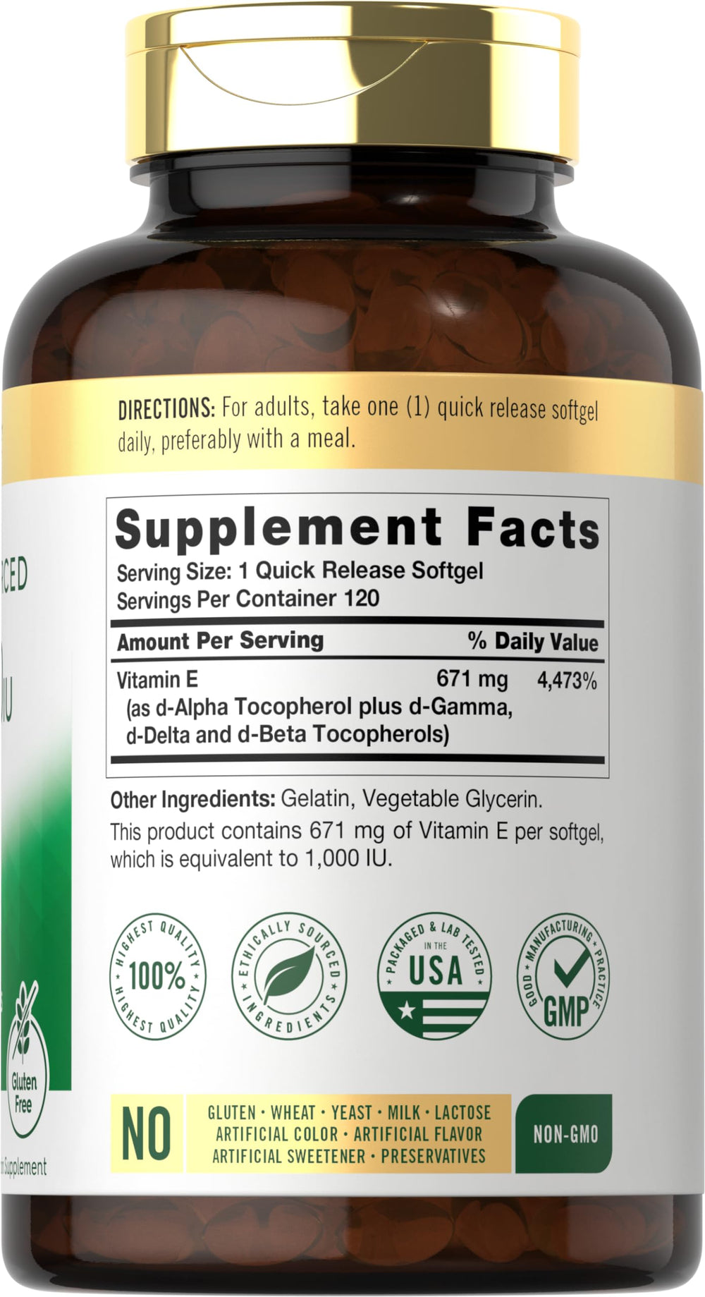 Back of Carlyle Vitamin E 1000 IU 120 softgels bottle showing supplement facts