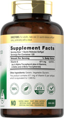 Back of Carlyle Vitamin E 1000 IU 120 softgels bottle showing supplement facts