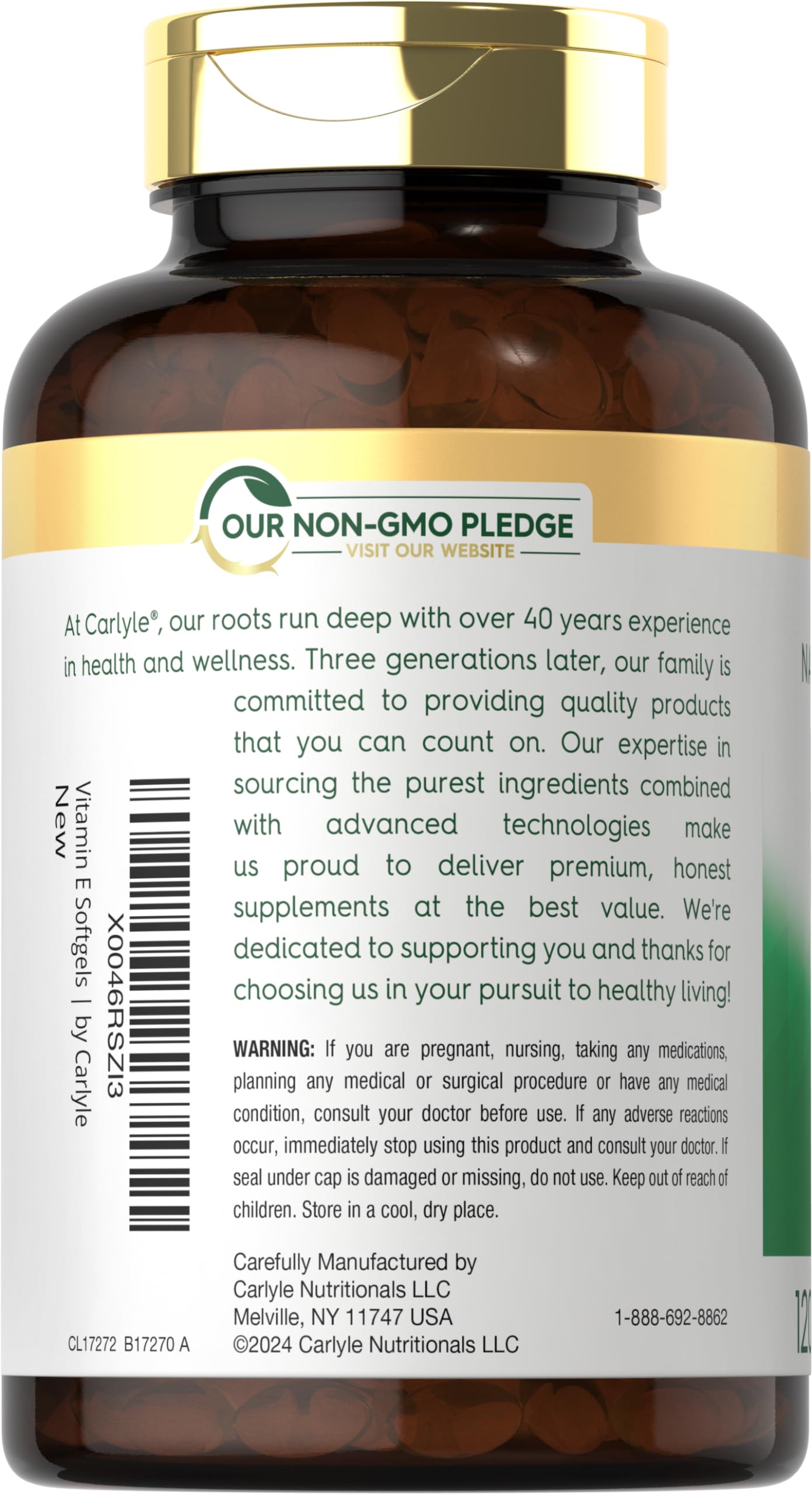 Close-up of Carlyle Vitamin E 1000 IU label with mixed tocopherols