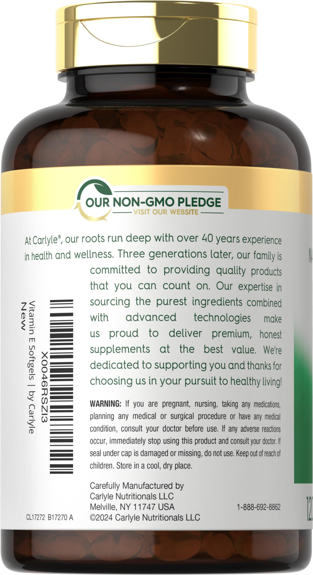 Close-up of Carlyle Vitamin E 1000 IU label with mixed tocopherols