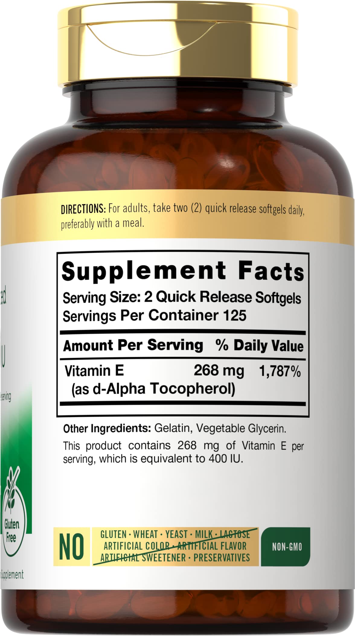 Open bottle of CarlyleVitamin E 400 IU softgels