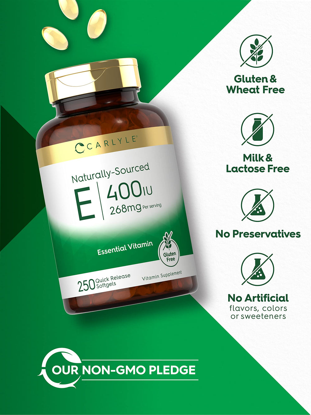 Close-up of Carlyle Vitamin E 400 IU softgels