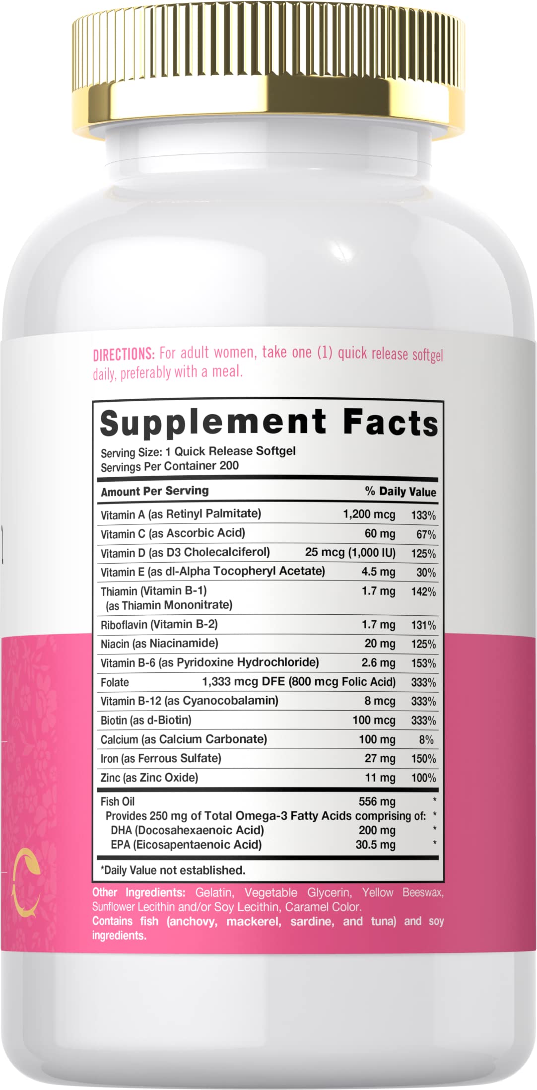 Close-up of label showing iron and multivitamin details