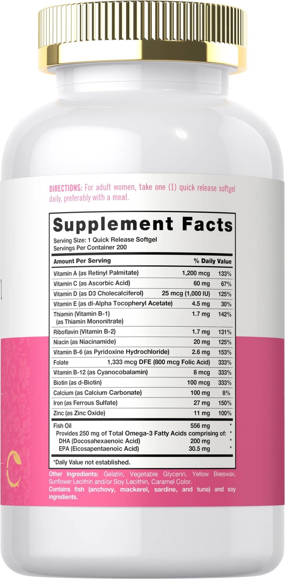 Close-up of label showing iron and multivitamin details