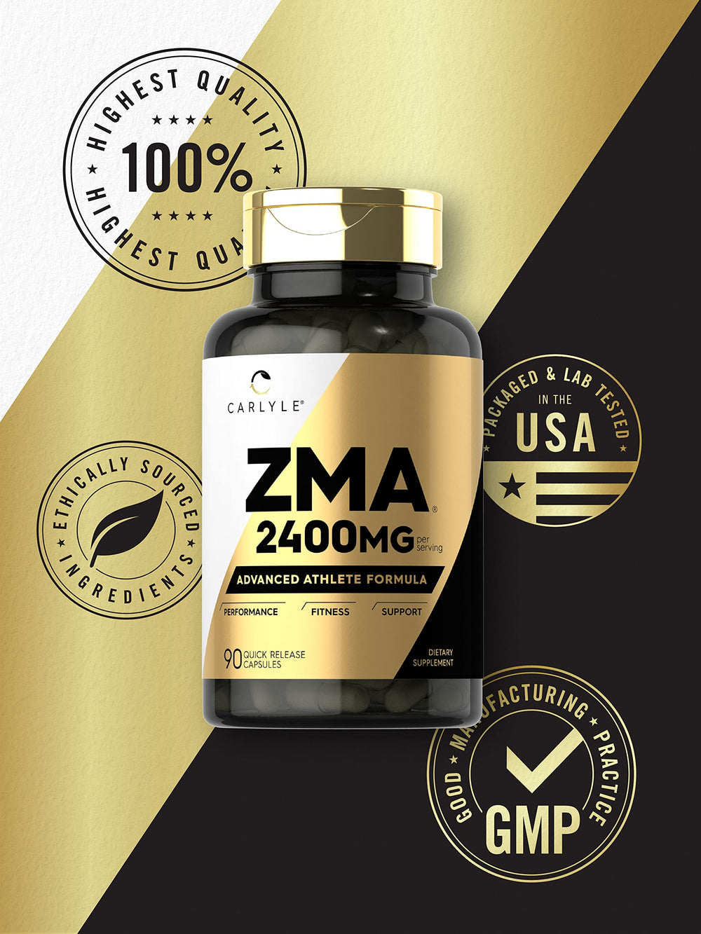 Front view of Carlyle ZMA bottle packaging