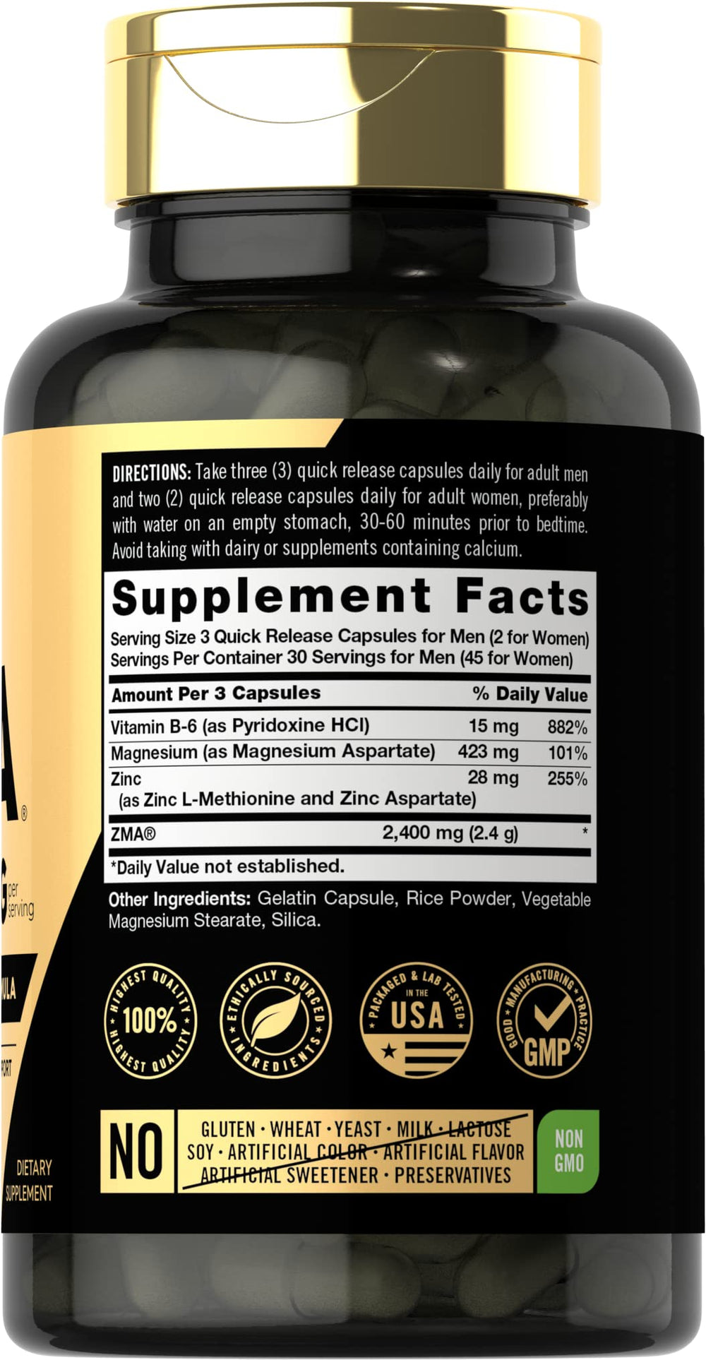 Gluten-free and non-GMO label on Carlyle ZMA packaging