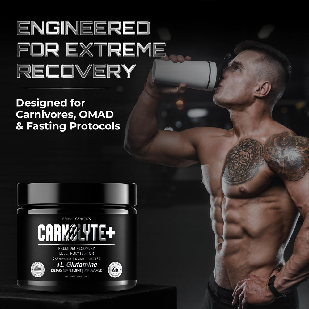 CARNOLYTE+ glass of water shows powder dissolving for sugar-free electrolyte intake.