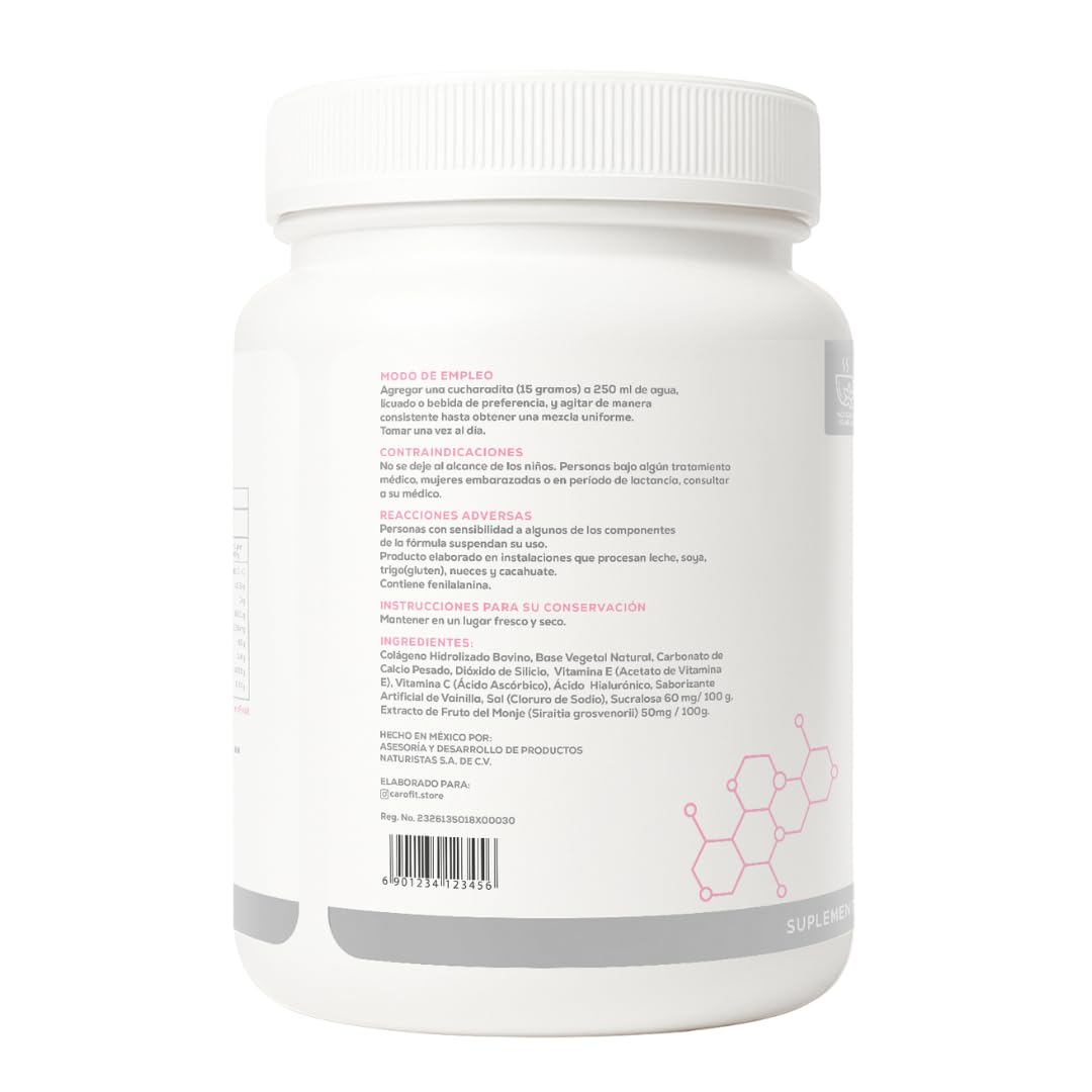 Nutrition label for Caro Fit hydrolyzed collagen 500 g