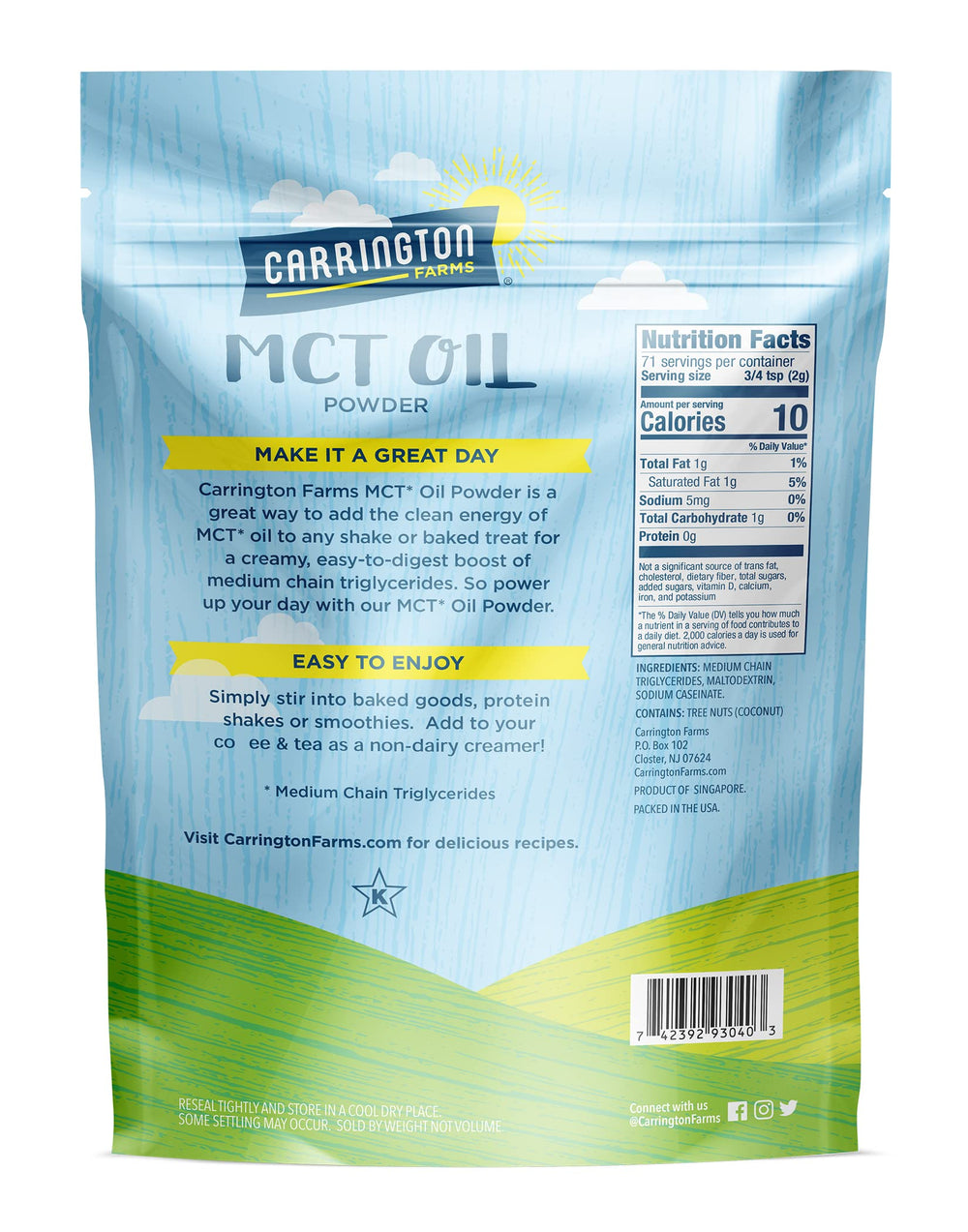 Close-up of Carrington Farms MCT Powder packaging