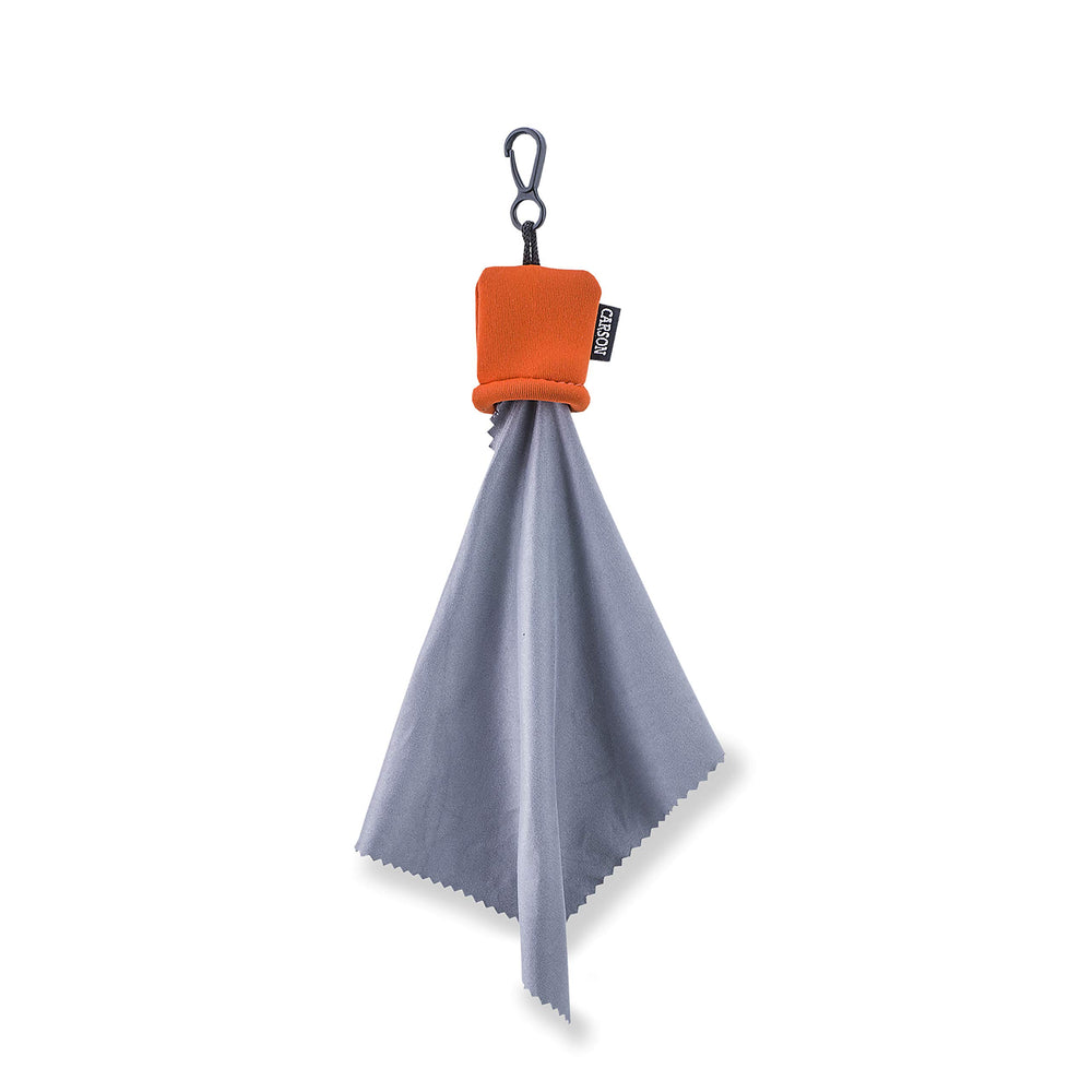 Main view of Carson Stuff-It orange microfiber cloth in its protective neoprene pouch (6.25 by 6.25 inches)