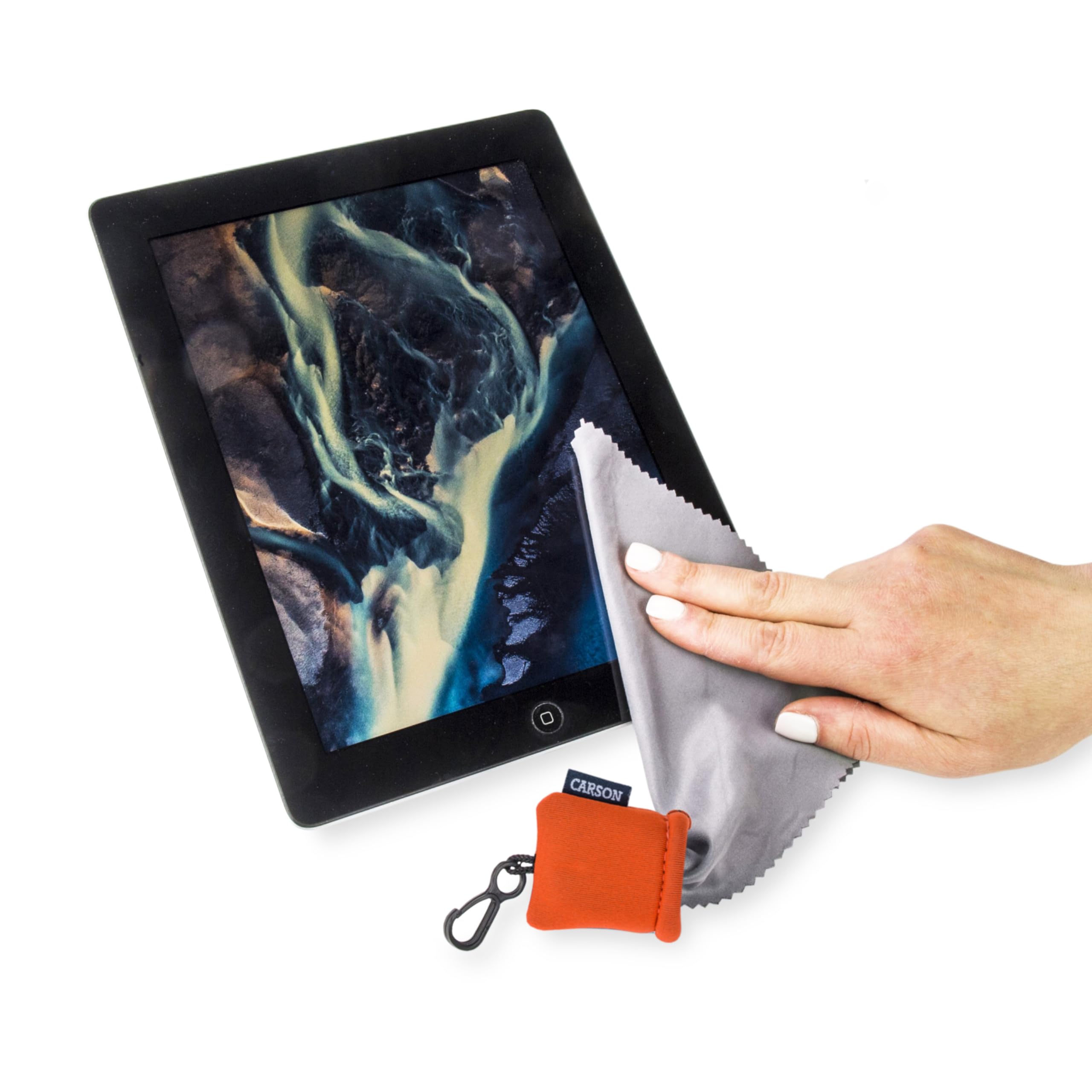 Soft orange microfiber cloth showcased for lens cleaning