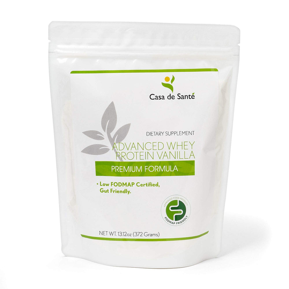 Casa de Sante low FODMAP elemental vanilla bottle on a kitchen counter for gut-friendly protein