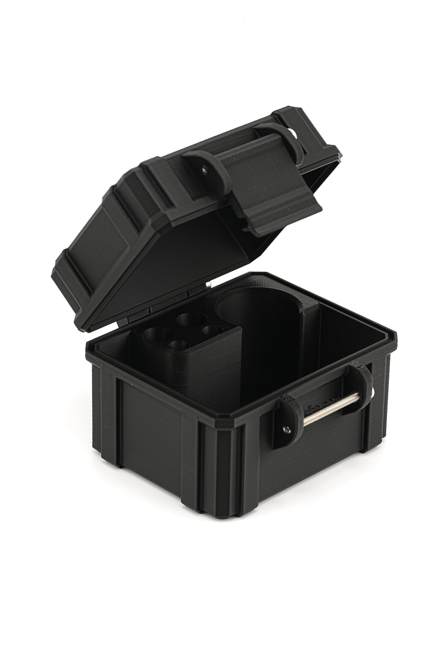 Front view of compact black storage case for scleral lens tools