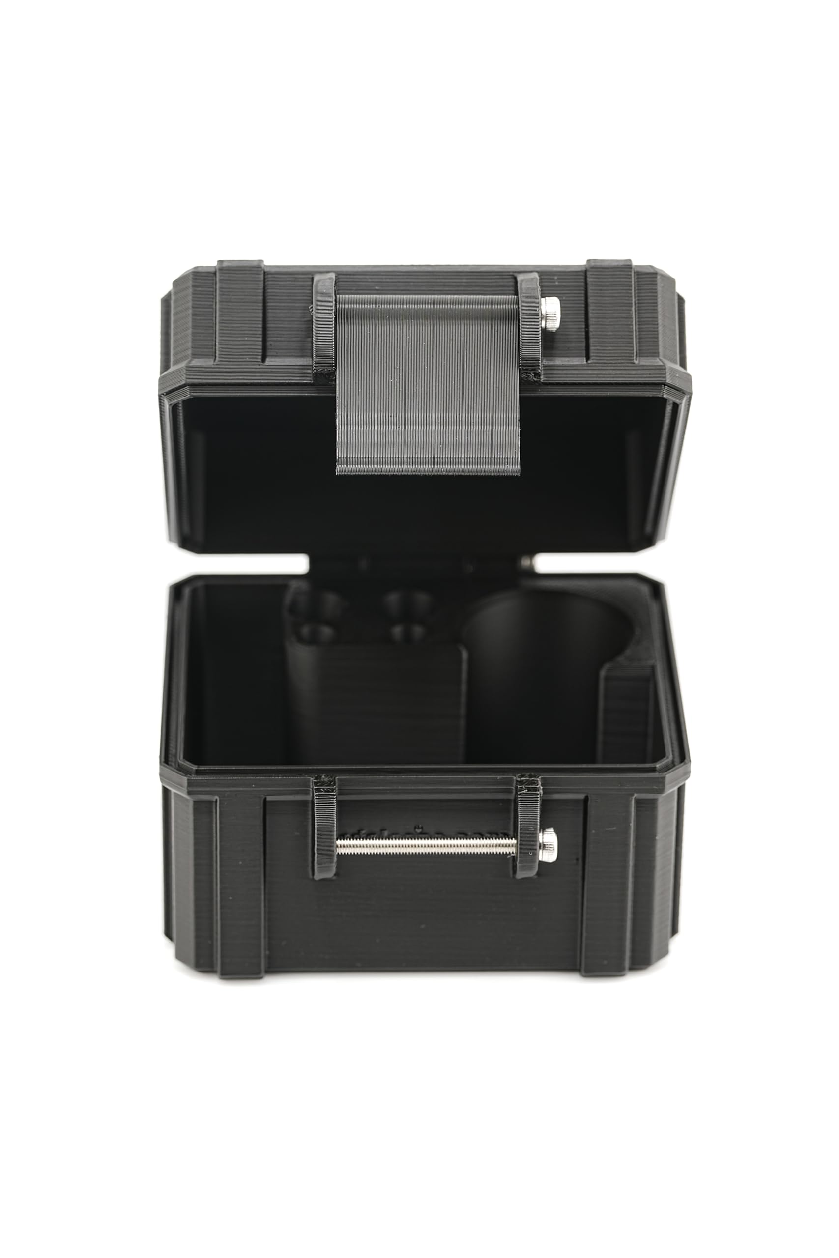 Open storage case showing multiple compartments for lens tools