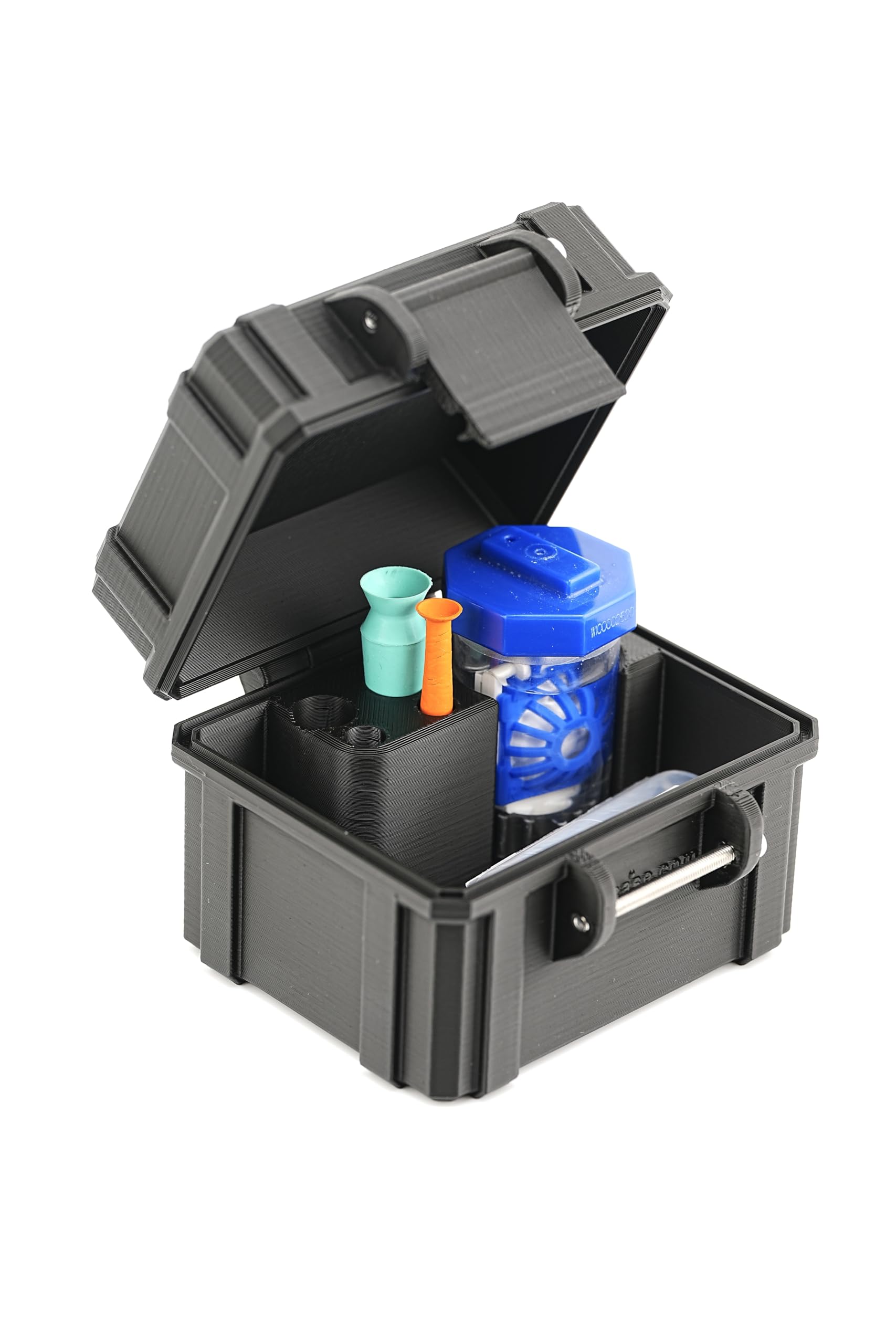 Close-up of circular holders inside case for lens accessories