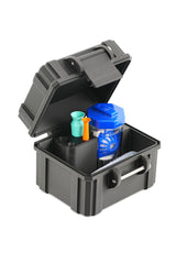 Close-up of circular holders inside case for lens accessories