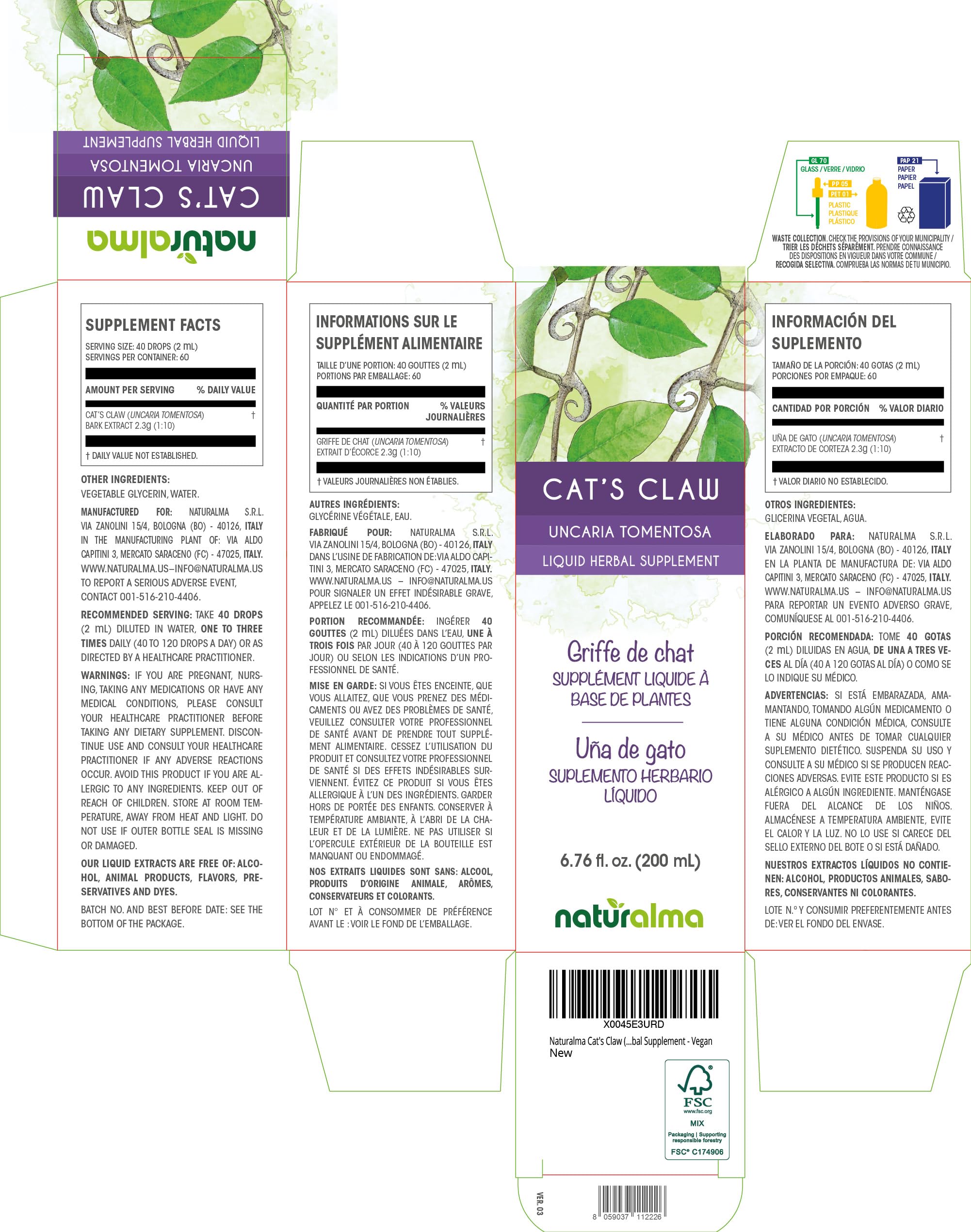 Close-up of Cat's Claw tincture dropper dispensing liquid