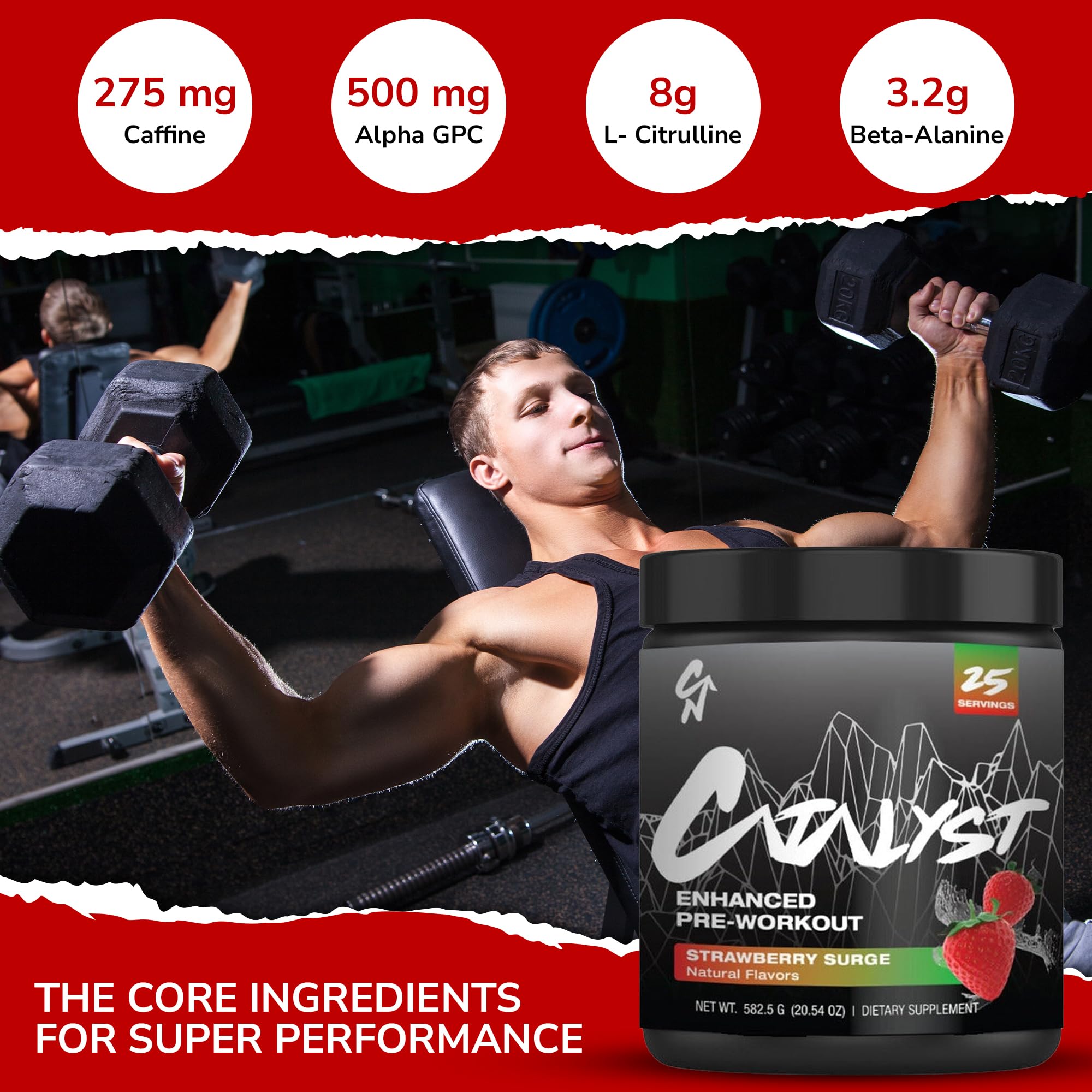 Catalyst Nutrition Enhanced Pre Workout desk setup featuring the product and training plan.