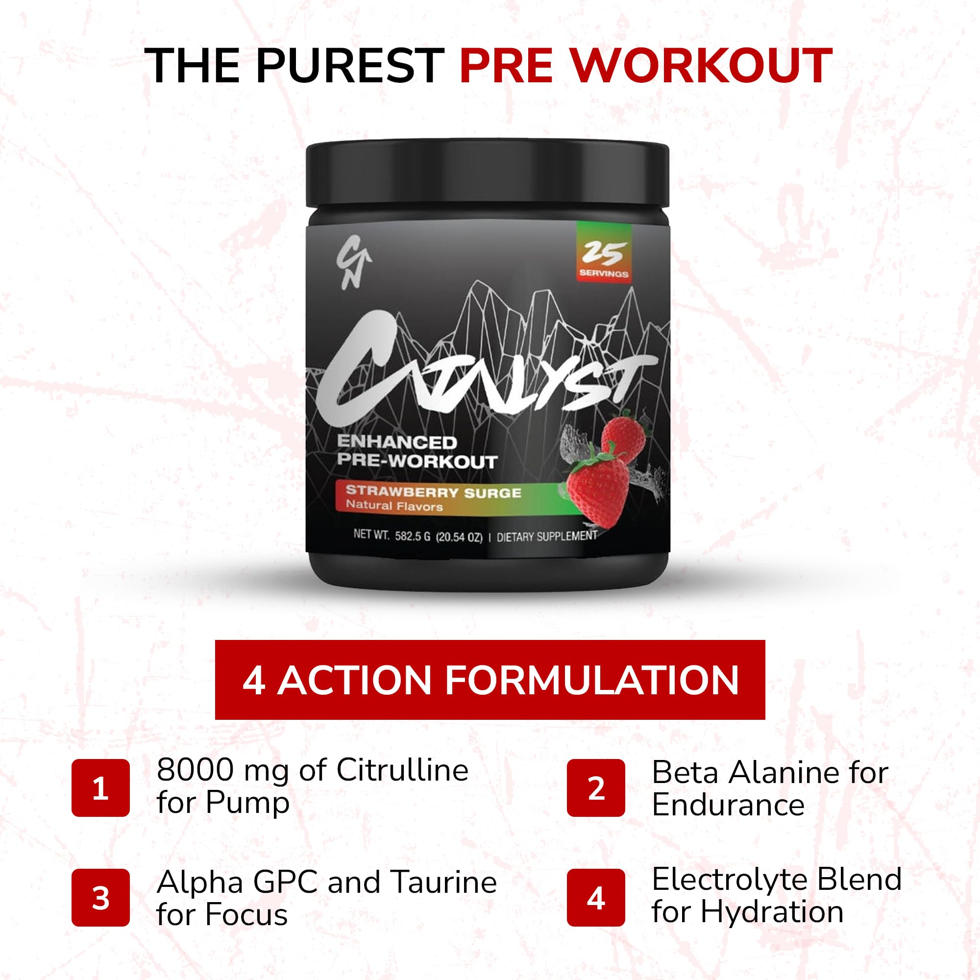 Catalyst Nutrition Enhanced Pre Workout electrolyte blend graphic underscores hydration optimization.