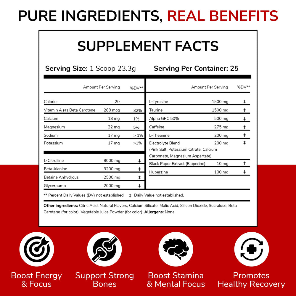 Catalyst Nutrition Enhanced Pre Workout powder scoop highlights 8g L-Citrulline for vascular support.