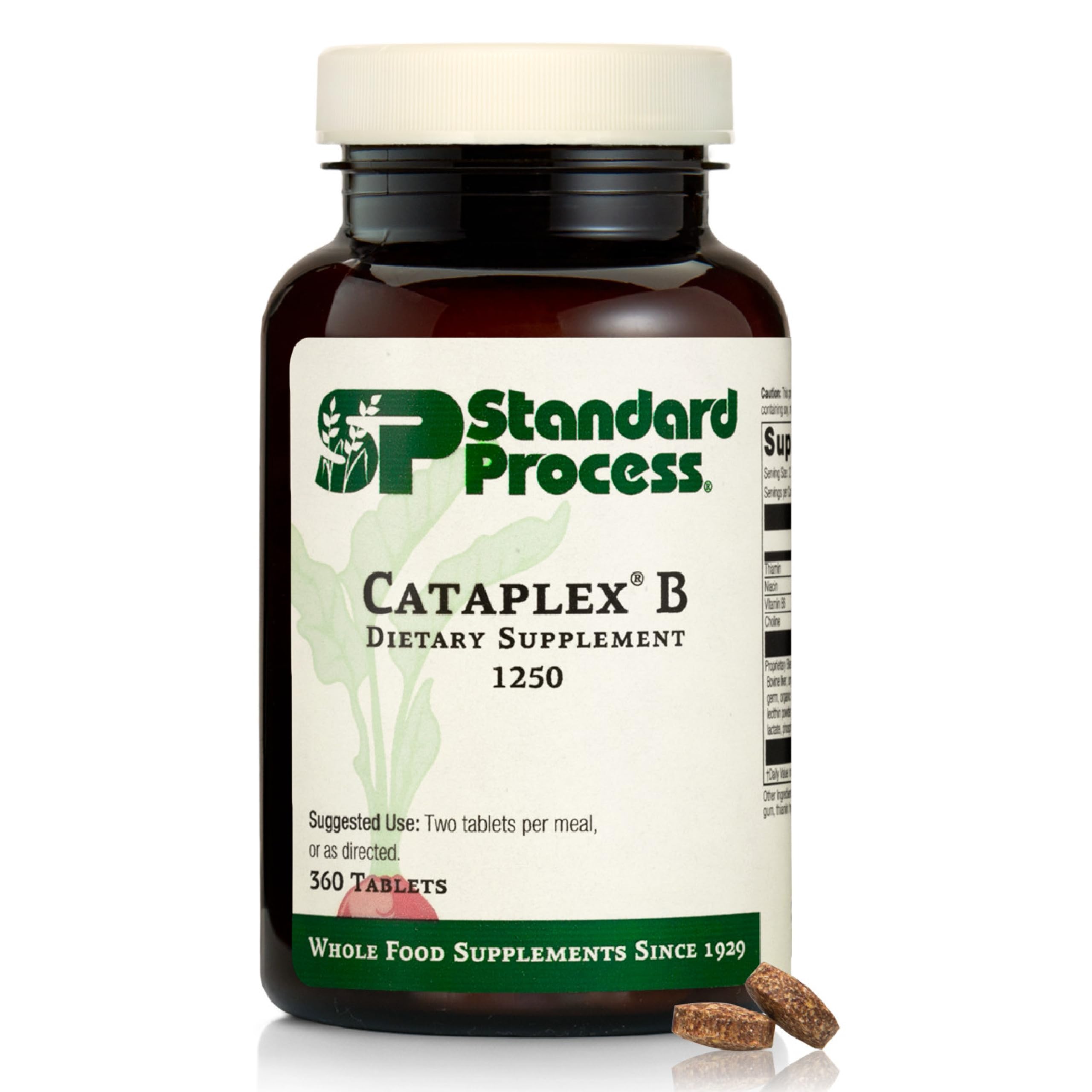 Standard Process Cataplex B bottle with 360 tablets on white background
