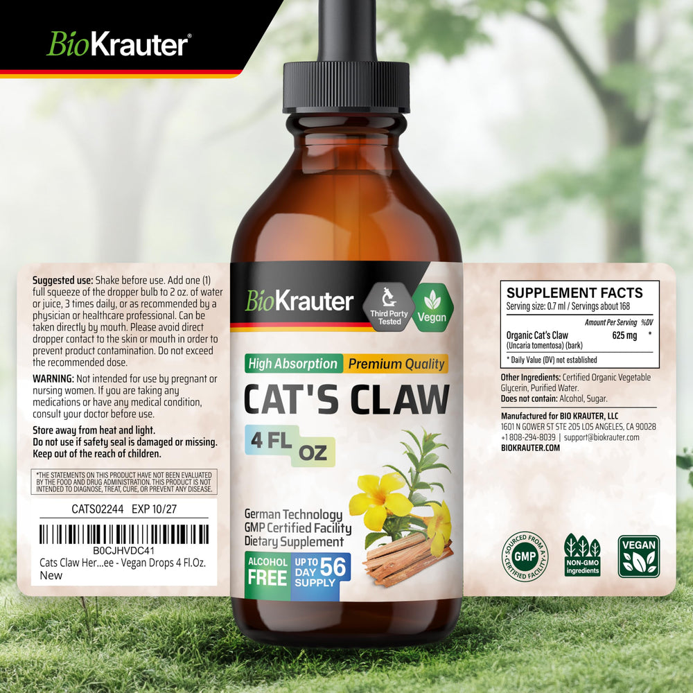 Dropper dispensing cats claw tincture under tongue