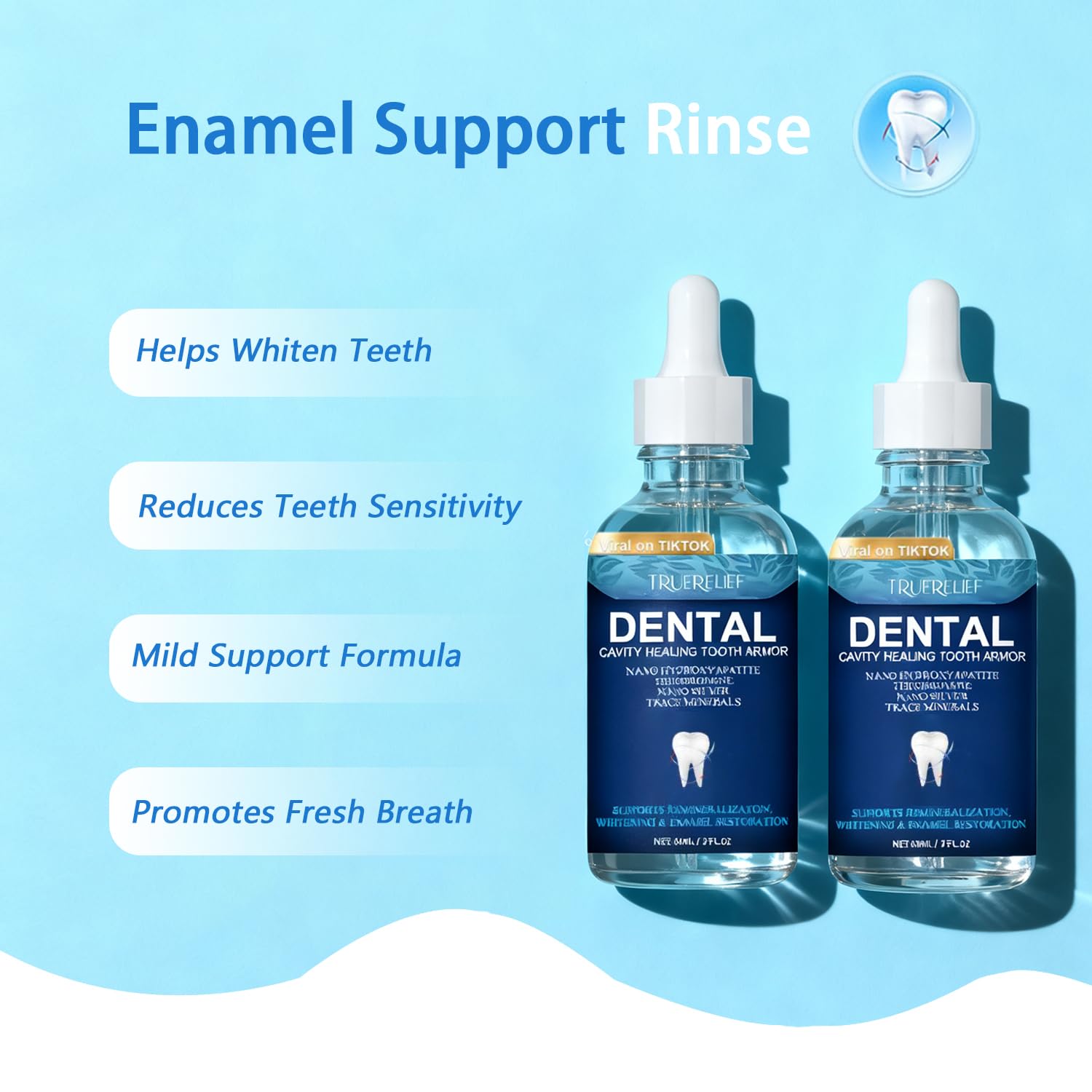 Transparent enamel-strengthening liquid being applied to teeth