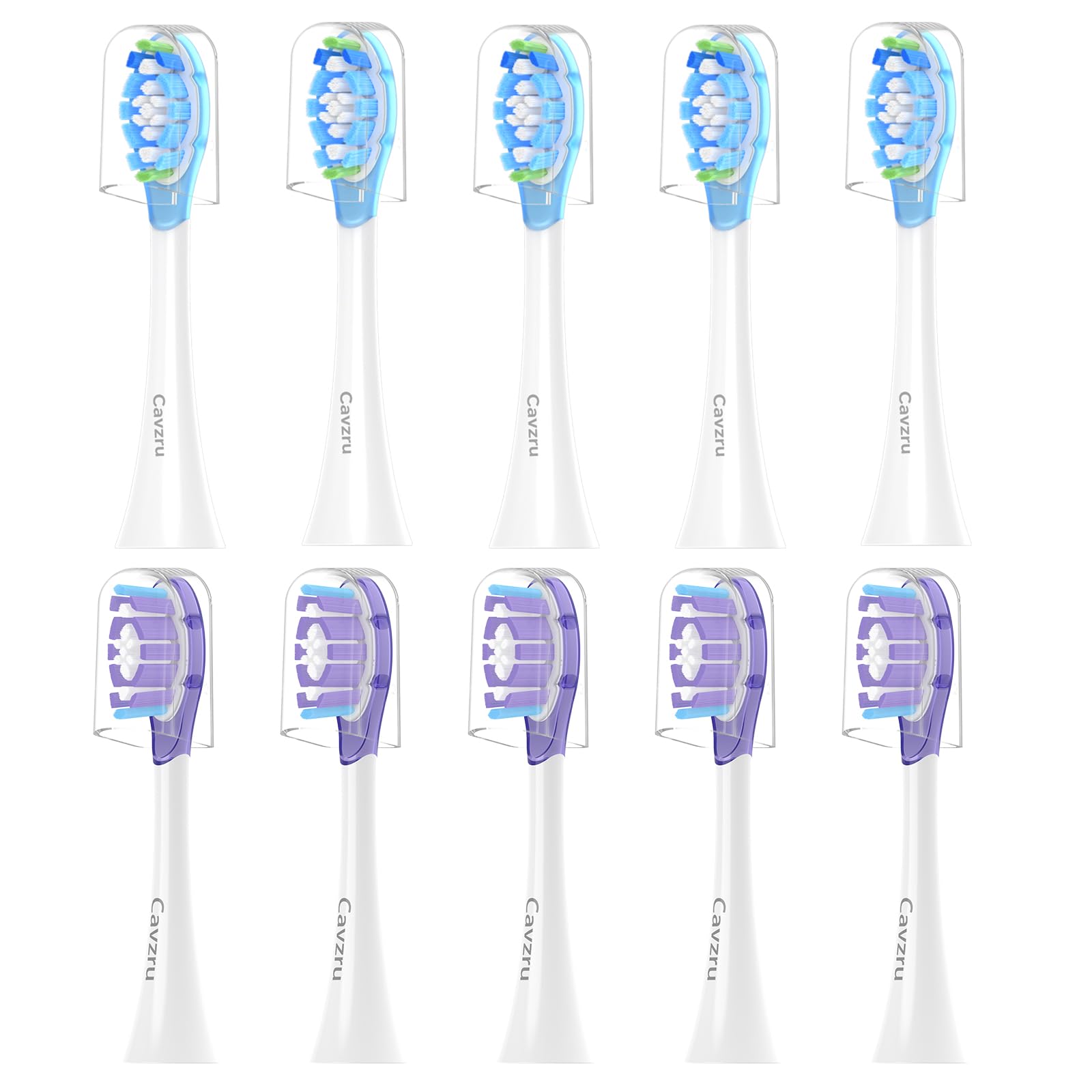 Cavzru 10-pack replacement toothbrush heads for Philips Sonicare (Purple and Blue) - product view 1