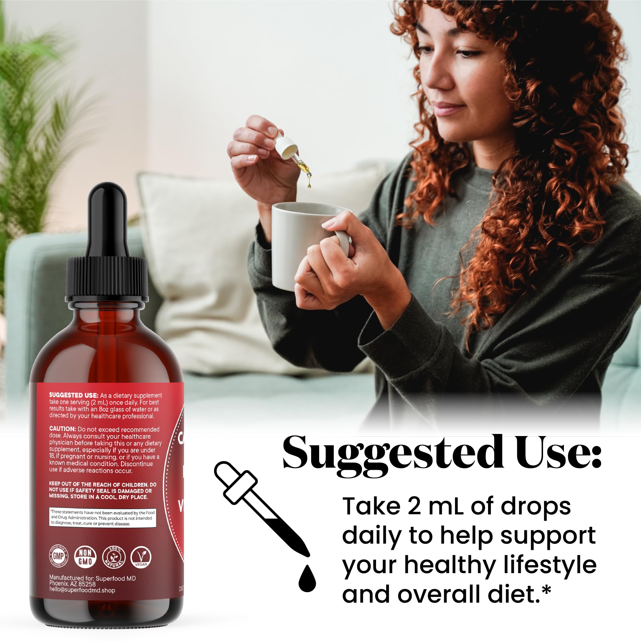 USA-made, non-GMO plant-based drops in a glass bottle