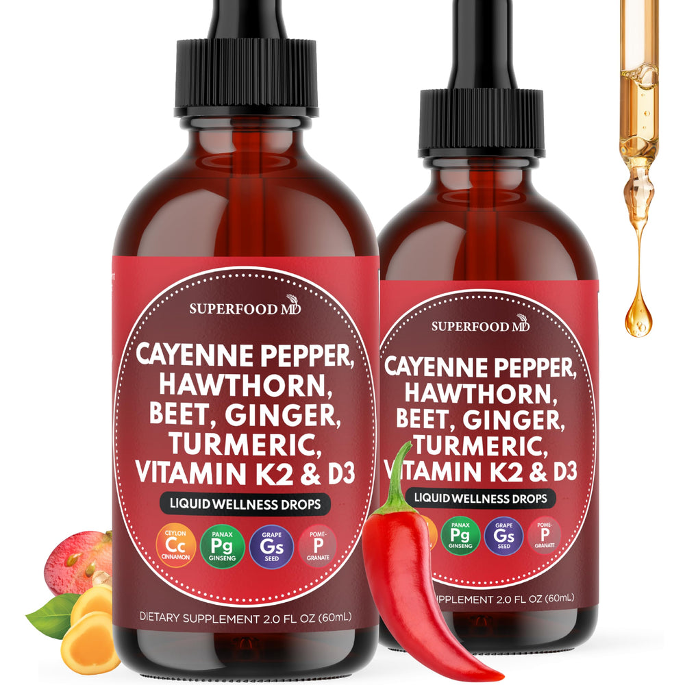 Front view of Cayenne Pepper Liquid Drops bottle with hawthorn berry and beetroot