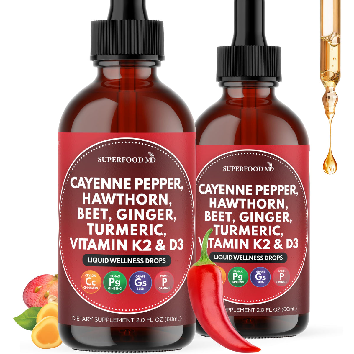 Front view of Cayenne Pepper Liquid Drops bottle with hawthorn berry and beetroot