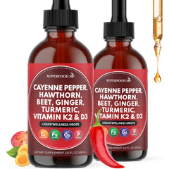 Front view of Cayenne Pepper Liquid Drops bottle with hawthorn berry and beetroot