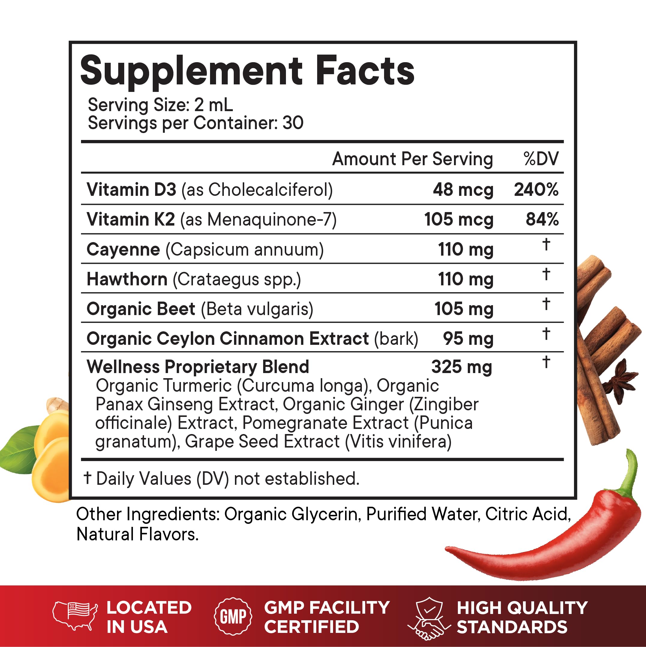 Ingredients label showing D3, K2, cinnamon, turmeric and ginseng