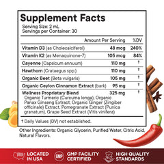 Ingredients label showing D3, K2, cinnamon, turmeric and ginseng