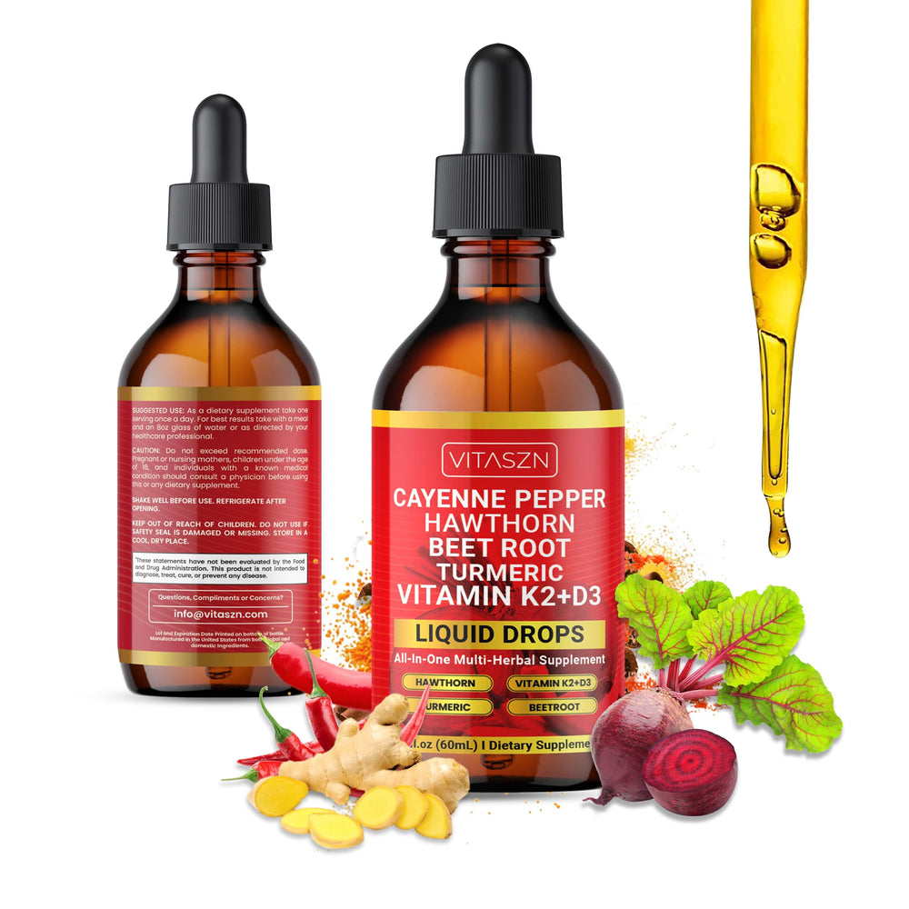 Cayenne Pepper Drops bottle with hawthorn berry and D3 + K2 label