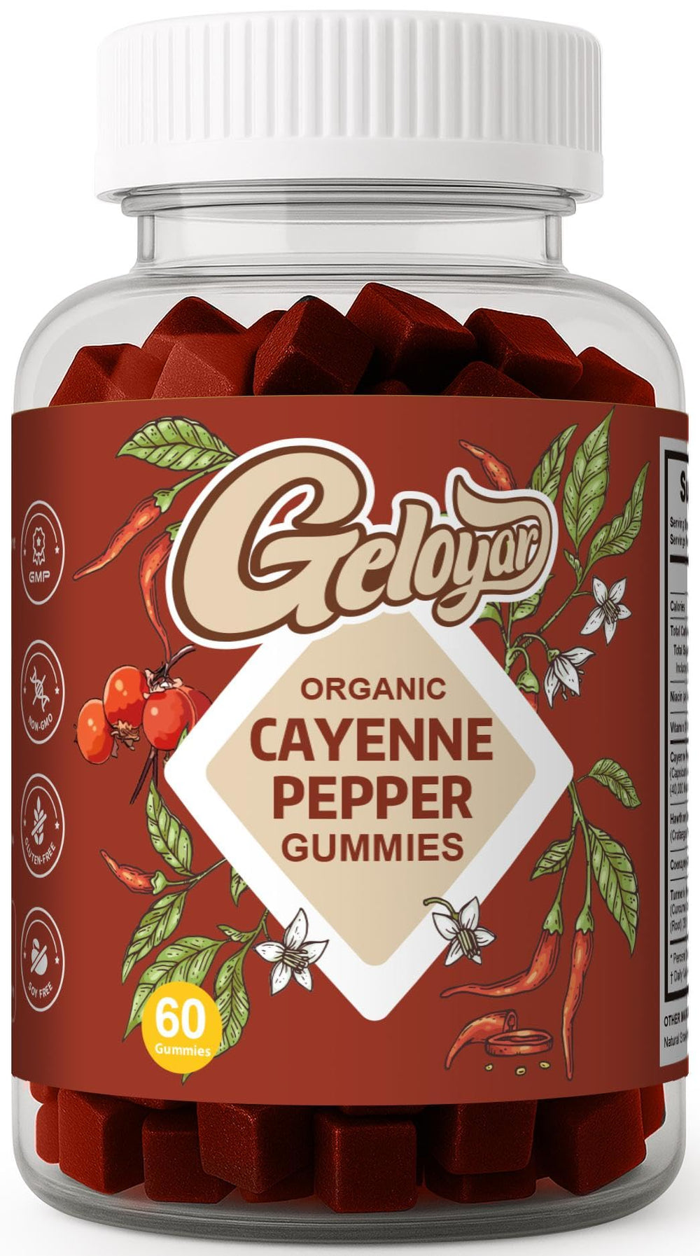 Bottle of cayenne pepper gummies with red gummies representing cardiovascular and immune support