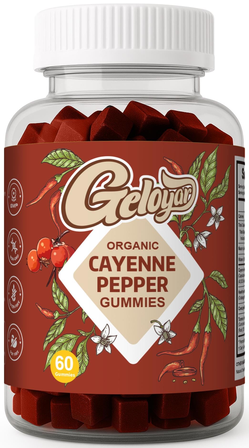 Bottle of cayenne pepper gummies with red gummies representing cardiovascular and immune support