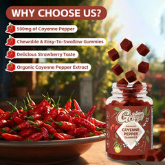 Plant-based, non-GMO ingredients label for cayenne pepper gummies