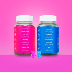 Pink bottle ingredient banner featuring fenugreek, dong quai, fennel