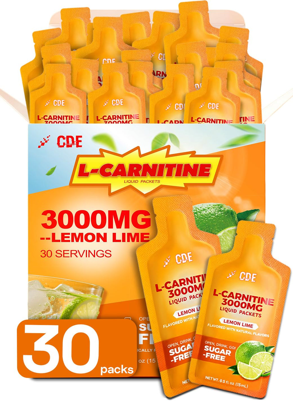 CDE L-Carnitine Liquid 3000mg pack pour for pre-workout energy support.