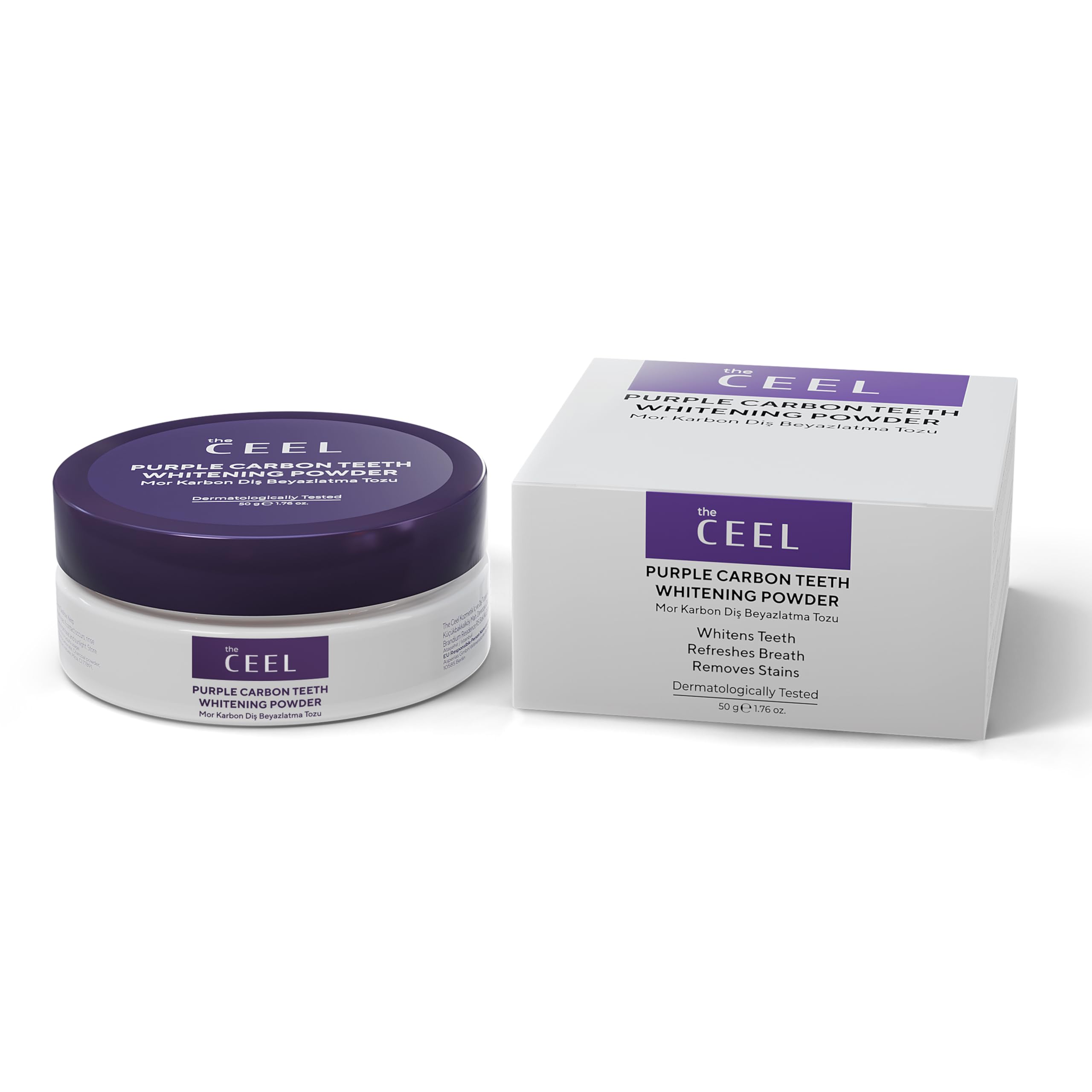 The Ceel Purple Teeth Whitening Powder 50g container front view