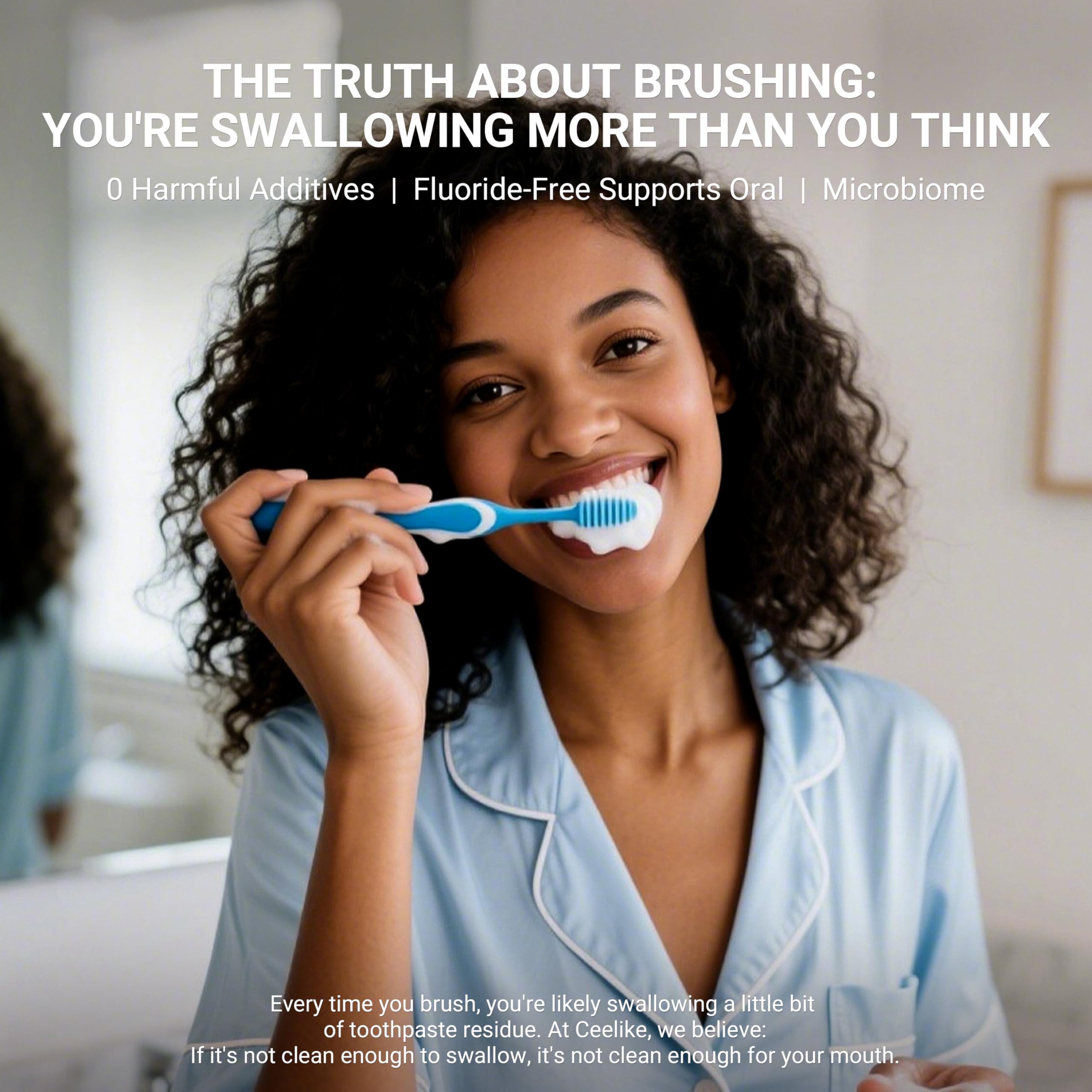 Brushing scene: toothpaste tablet used with water