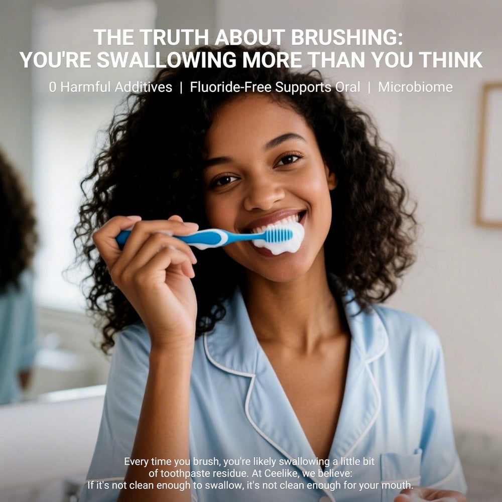 Brushing scene: toothpaste tablet used with water