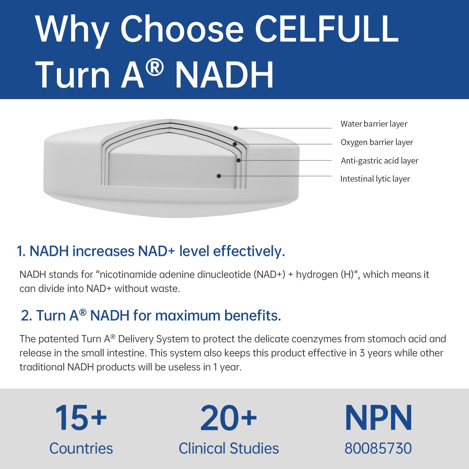 CELFULL NADH tablet image emphasizing its stabilized form for absorption