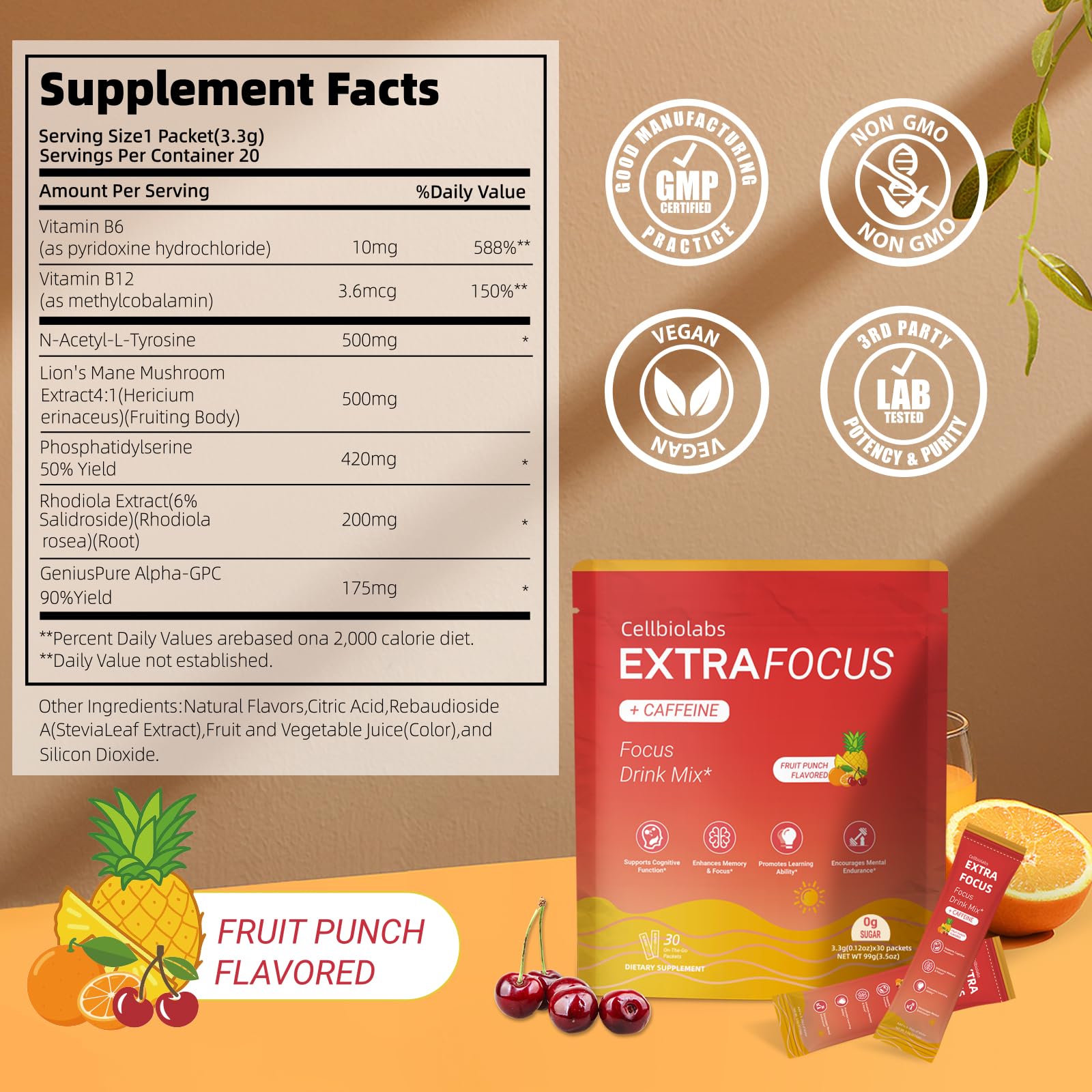 Cellbiolabs Extra Focus box of sticks offers convenient travel-ready brain support.