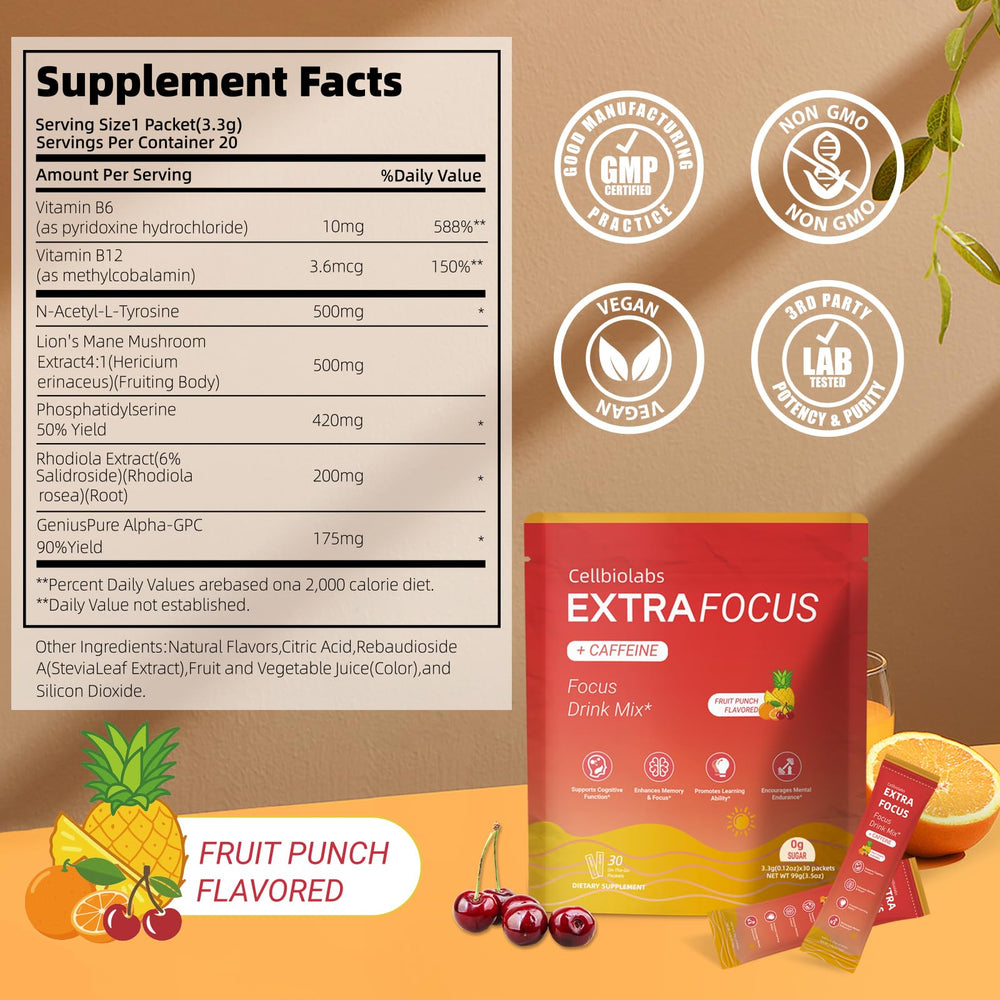 Cellbiolabs Extra Focus box of sticks offers convenient travel-ready brain support.