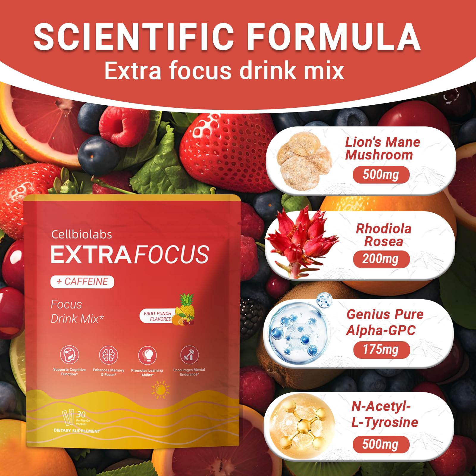 Cellbiolabs Extra Focus caffeine and B vitamins for a clean energy lift.